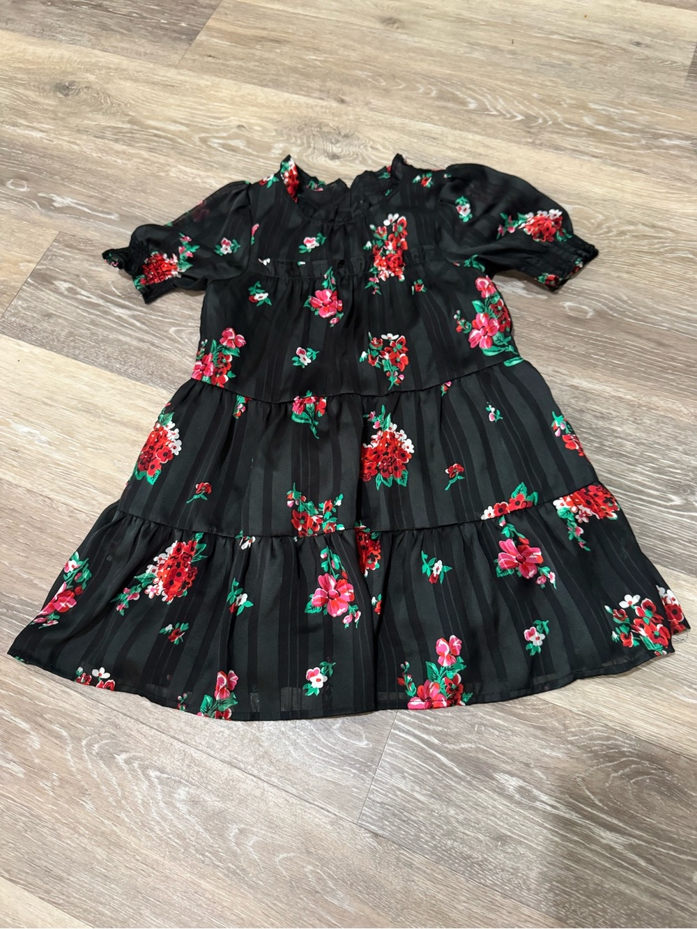 Cat & Jack Black Floral Tiered Dress with Red and Pink Blooms